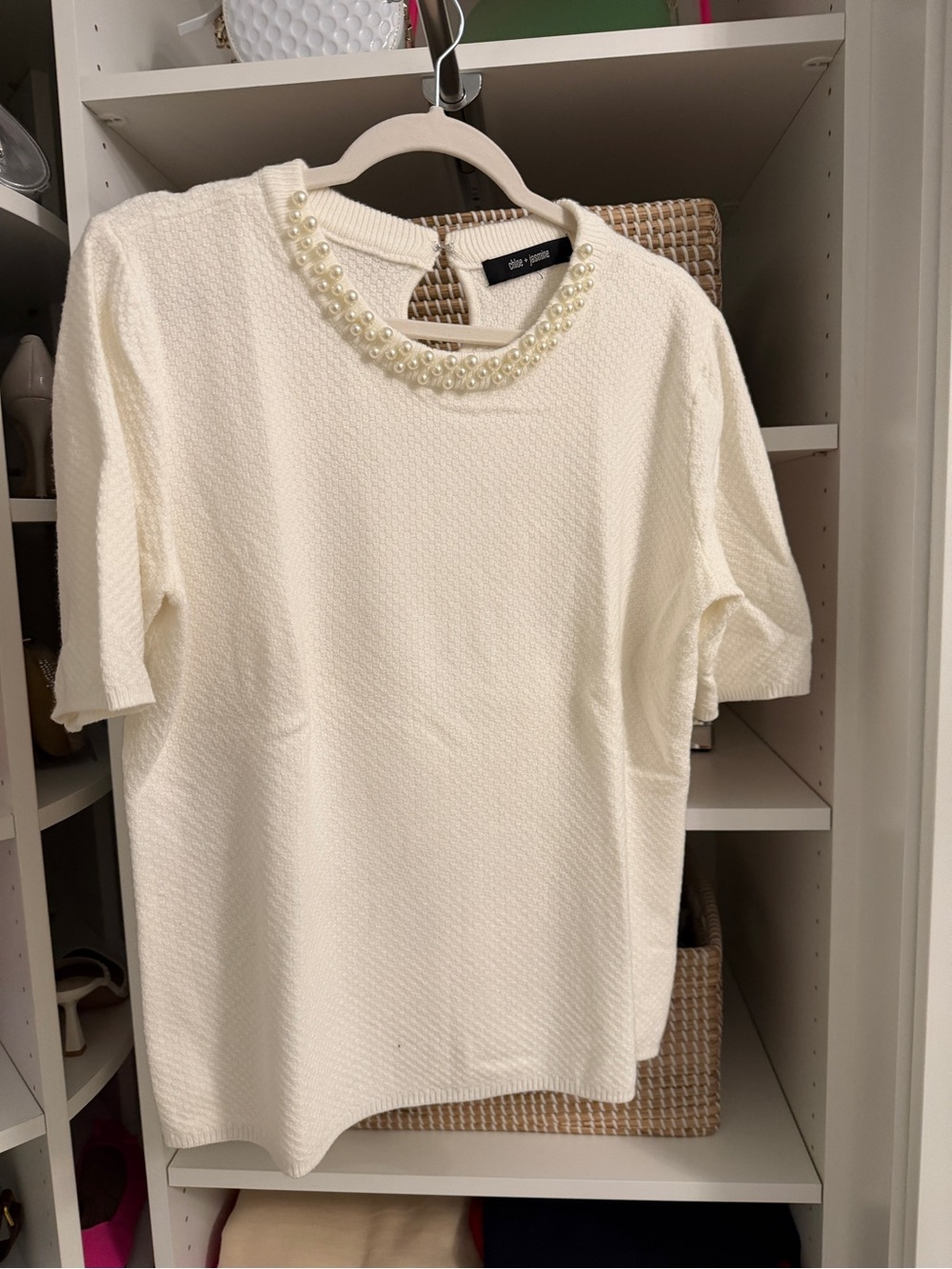 White House Black Market Cream Pearl-Embellished Short Sleeve Sweater
